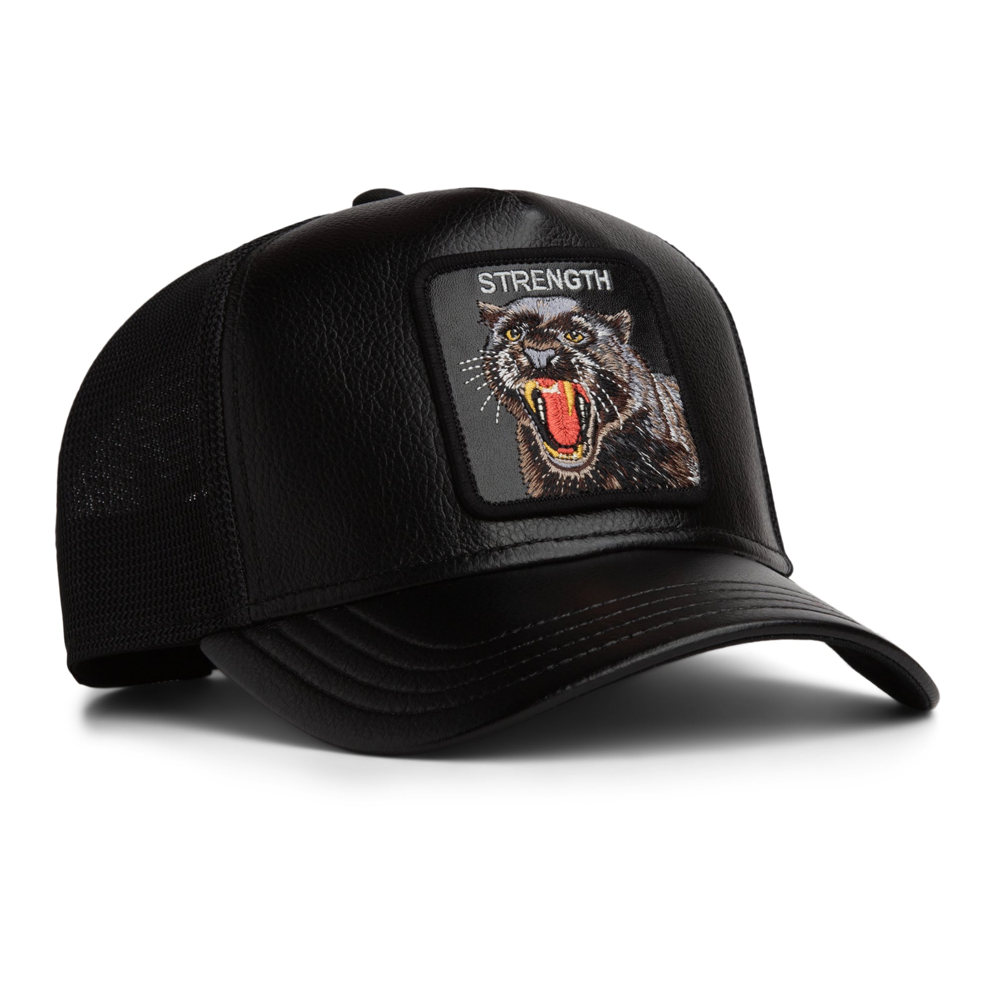 Faux Leather Panther Black Trucker Cap