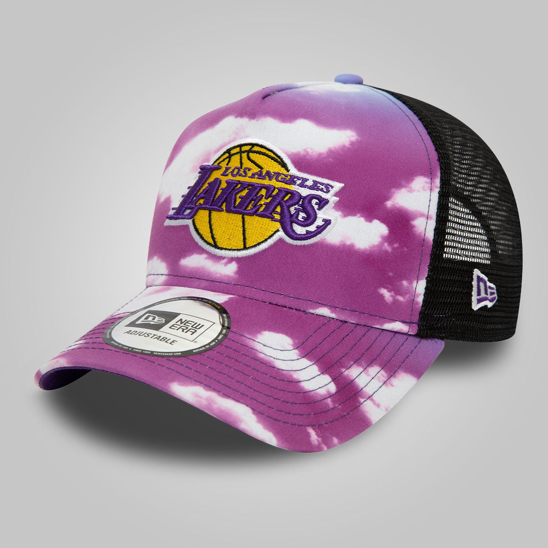 LA Lakers Cloud All Over Print Purple A-Frame Trucker Cap