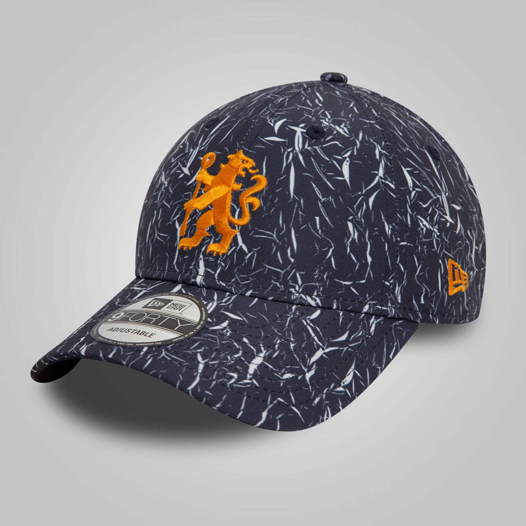 Chelsea FC Lion Crest Crinkle All Over Print Navy 9FORTY Adjustable Cap